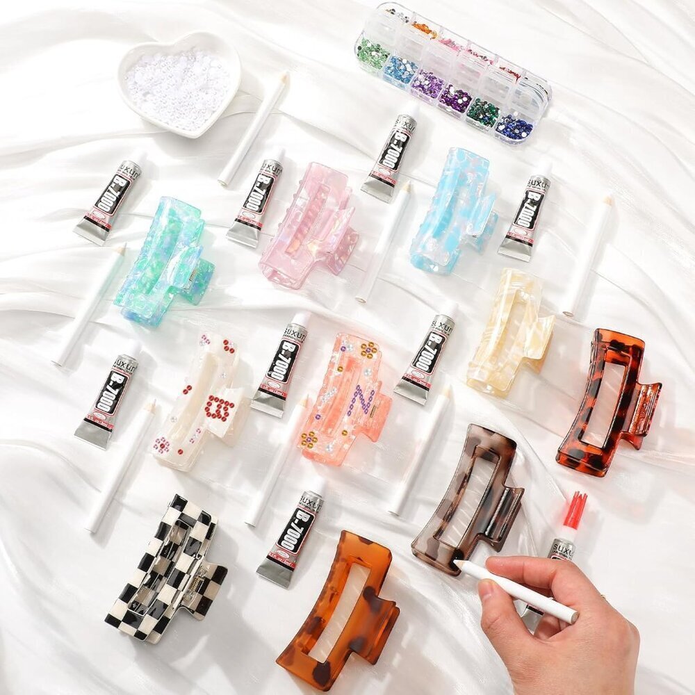 DIY Hair Claw Clips Kit Acrylic Rhinestones Pearls Jewelry Decor for Women